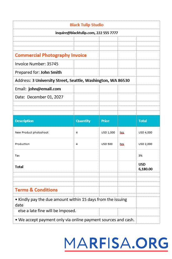 Printable Commercial Photography Invoice Template